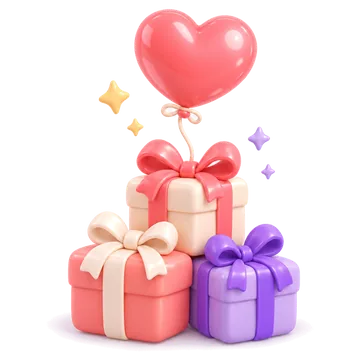 Heart-shaped balloon above three wrapped gifts